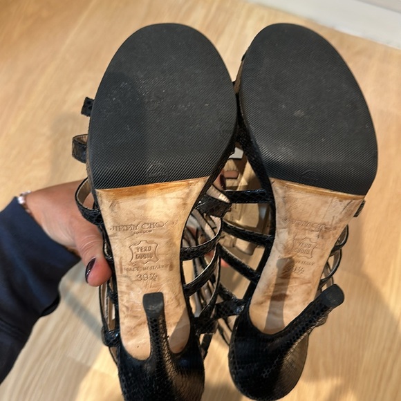 Jimmy Choo black snakeskin zip front platform strappy heels. - Picture 5 of 8